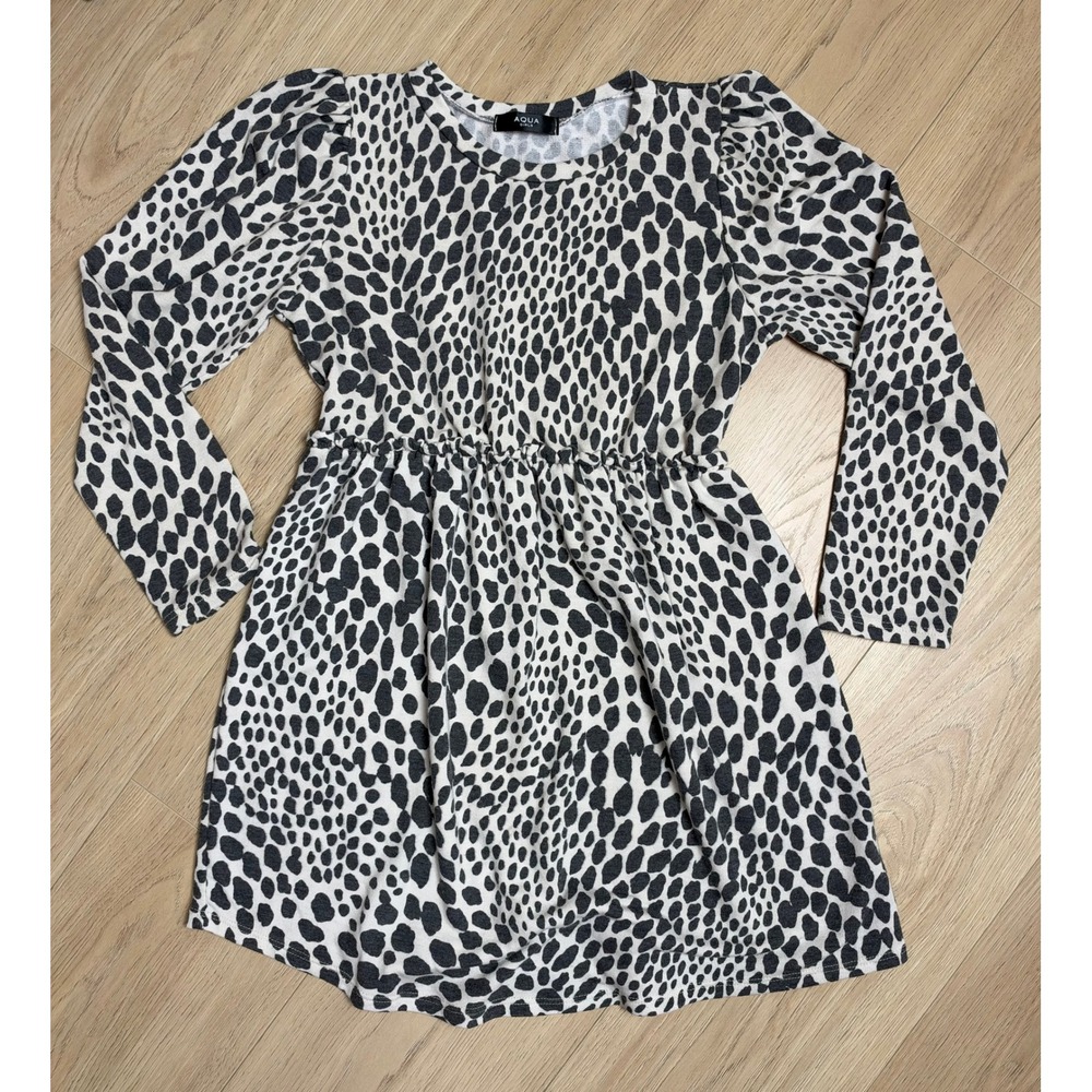 Aqua Animal Print Long Sleeve Dress Black White Puff Shoulder Size M